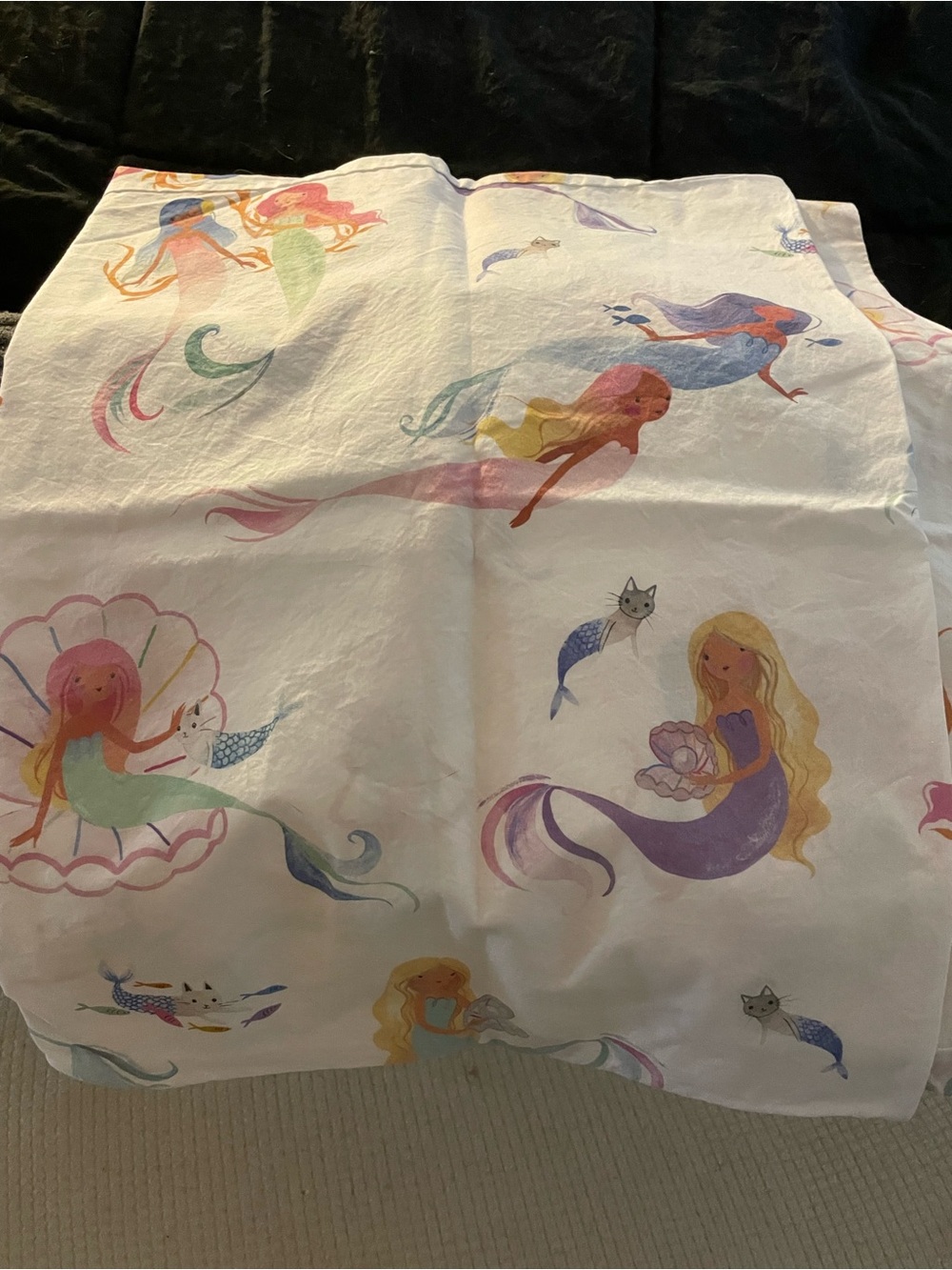 2 Pottery Barn Kids White GEMA Mermaid Print Pillowcases with Pastel Accents